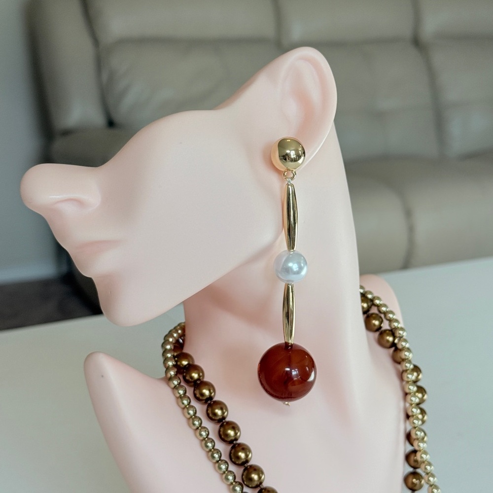 Gold-Tone Long Drop Earrings with Brown Bead and Faux Pearl